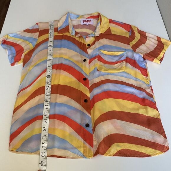 Solid and Striped Blue Orange and Cream Retro Wave 70's Style Button Down Shirt - Picture 13 of 14